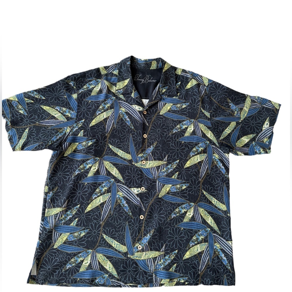 Tommy Bahama Hawaiian Shirt with 100% Silk in Tropical Baboo Leafes Print Sz: XL